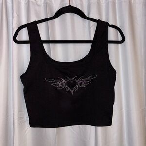 Black Ribbed Fabric Tank Top Rhinestone Heart